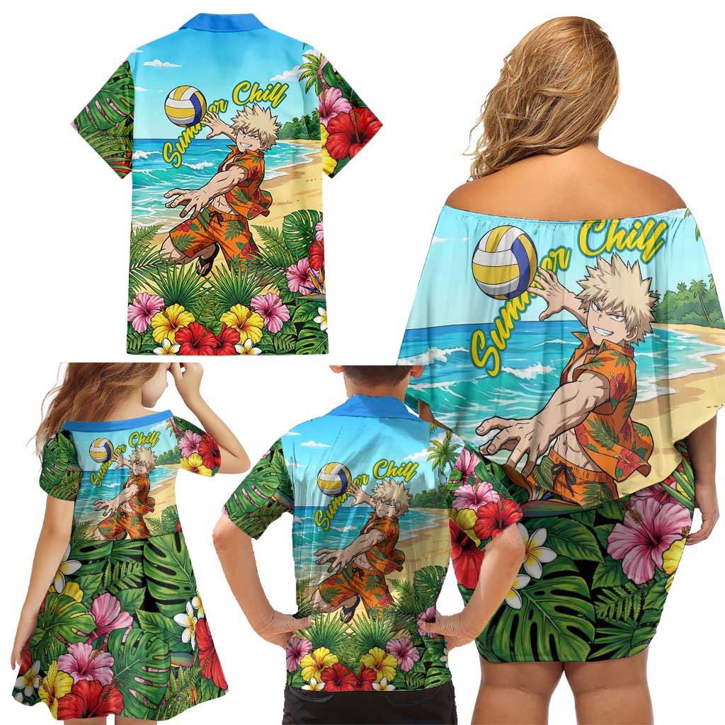 Katsuki Bakugo Summer Chill Family Matching Off Shoulder Short Dress and Hawaiian Shirt Tropical Anime Action Scene