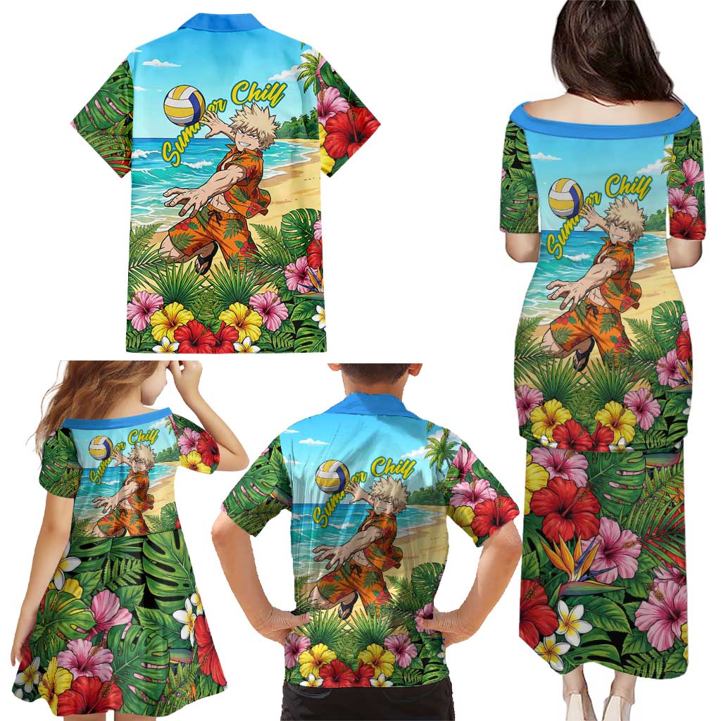 Katsuki Bakugo Summer Chill Family Matching Puletasi and Hawaiian Shirt Tropical Anime Action Scene