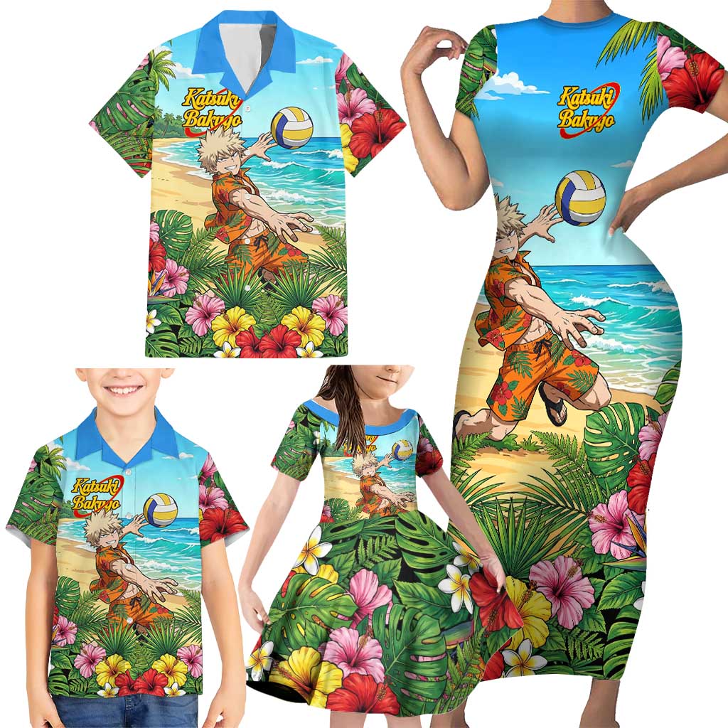 Katsuki Bakugo Summer Chill Family Matching Short Sleeve Bodycon Dress and Hawaiian Shirt Tropical Anime Action Scene