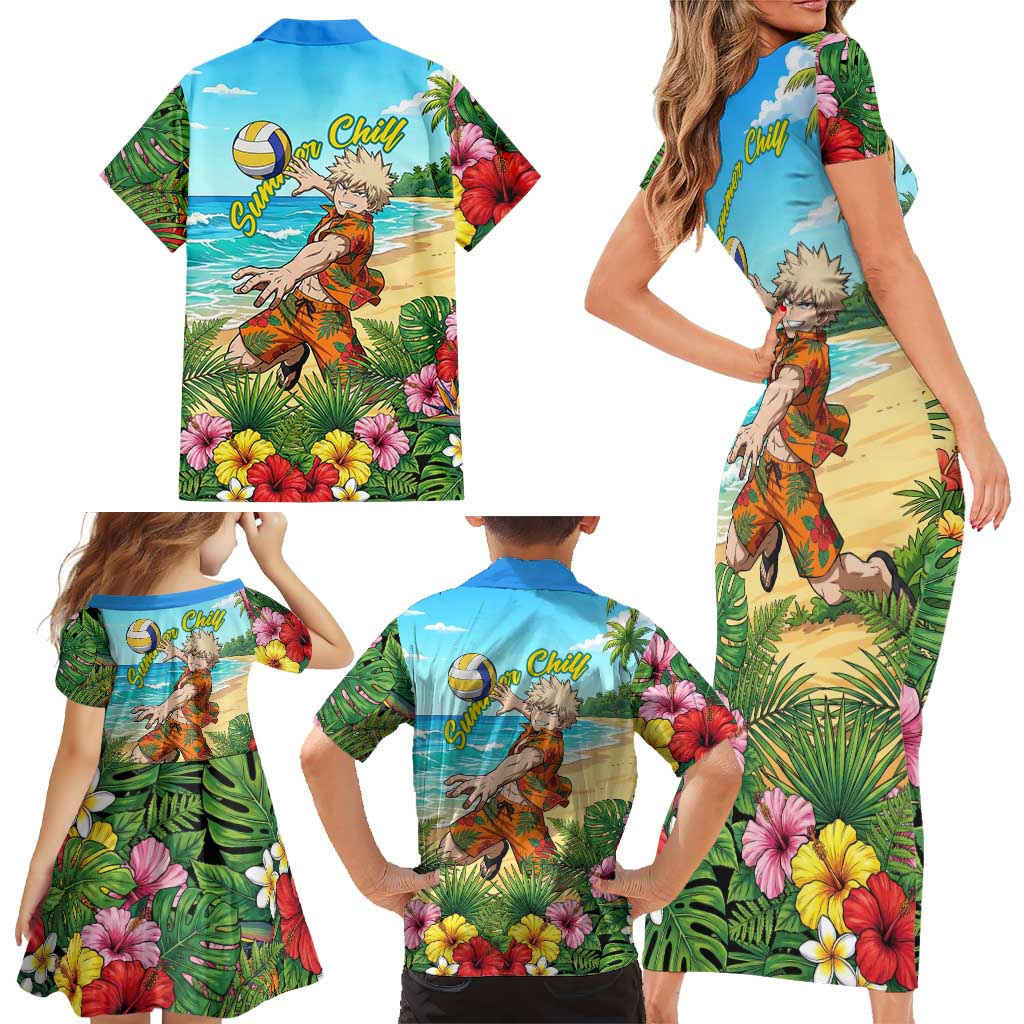 Katsuki Bakugo Summer Chill Family Matching Short Sleeve Bodycon Dress and Hawaiian Shirt Tropical Anime Action Scene