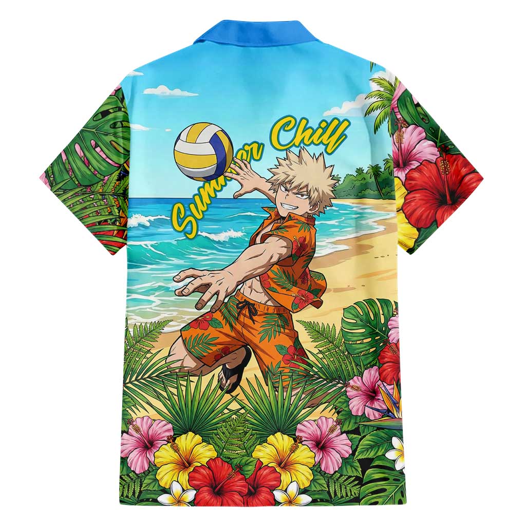 Katsuki Bakugo Summer Chill Family Matching Short Sleeve Bodycon Dress and Hawaiian Shirt Tropical Anime Action Scene