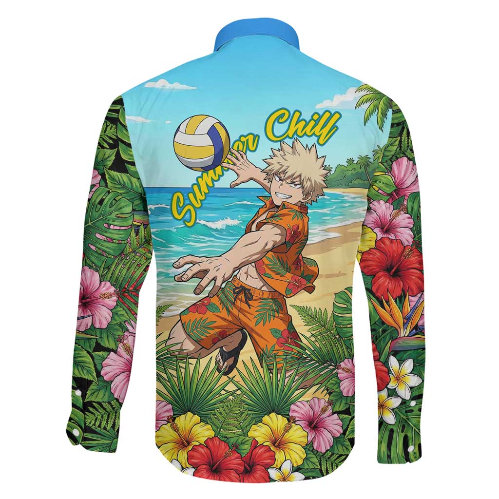 Katsuki Bakugo Summer Chill Family Matching Short Sleeve Bodycon Dress and Hawaiian Shirt Tropical Anime Action Scene