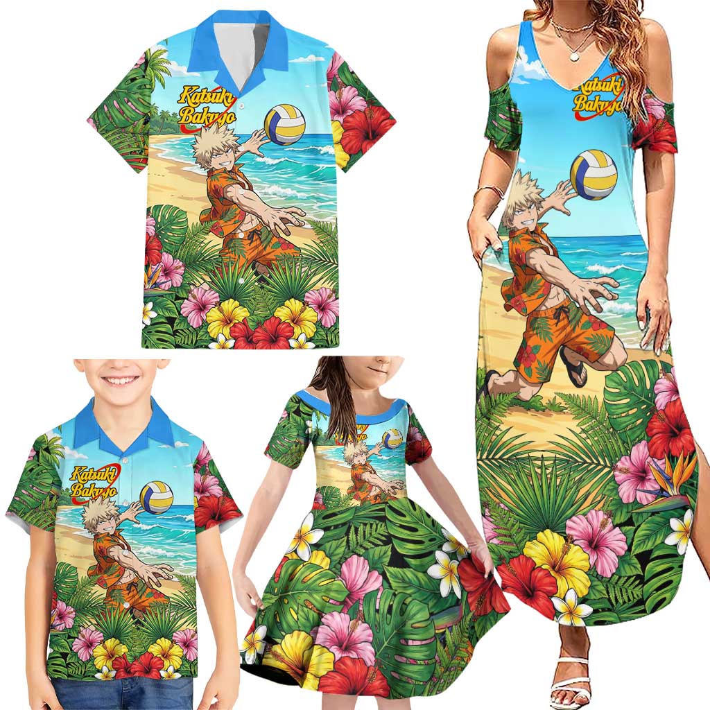 Katsuki Bakugo Summer Chill Family Matching Summer Maxi Dress and Hawaiian Shirt Tropical Anime Action Scene
