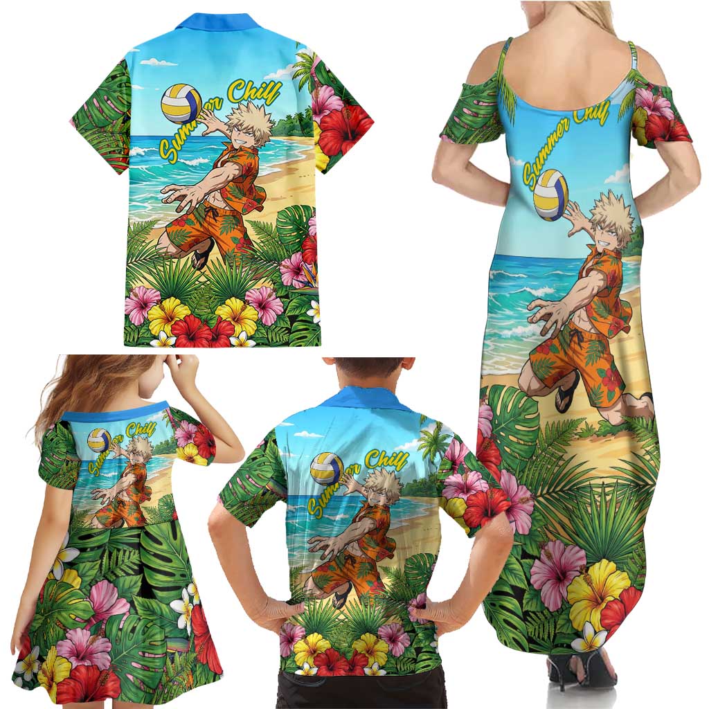 Katsuki Bakugo Summer Chill Family Matching Summer Maxi Dress and Hawaiian Shirt Tropical Anime Action Scene