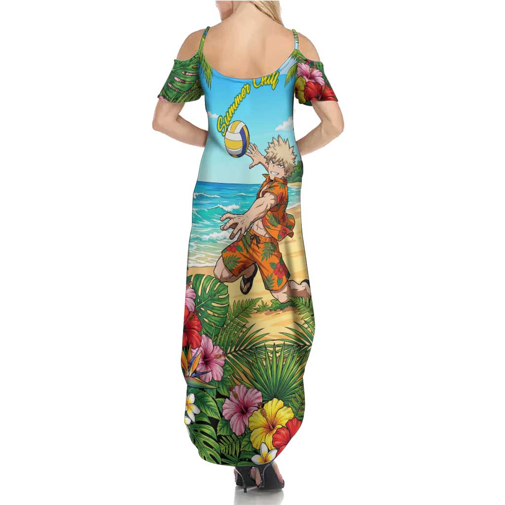 Katsuki Bakugo Summer Chill Family Matching Summer Maxi Dress and Hawaiian Shirt Tropical Anime Action Scene