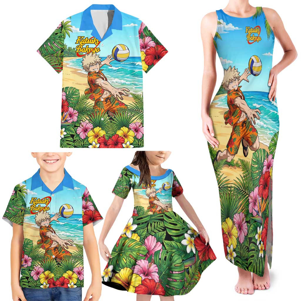 Katsuki Bakugo Summer Chill Family Matching Tank Maxi Dress and Hawaiian Shirt Tropical Anime Action Scene