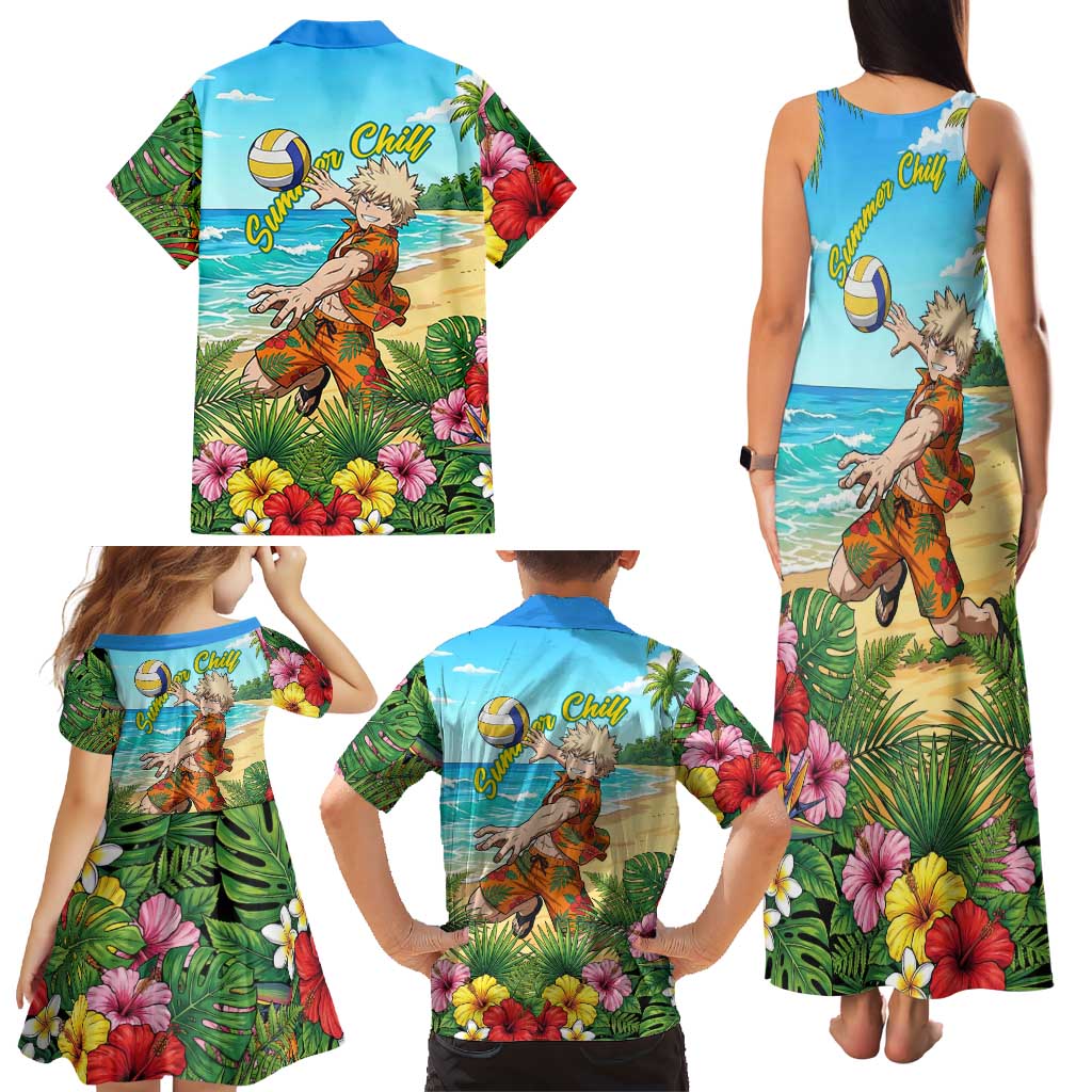 Katsuki Bakugo Summer Chill Family Matching Tank Maxi Dress and Hawaiian Shirt Tropical Anime Action Scene