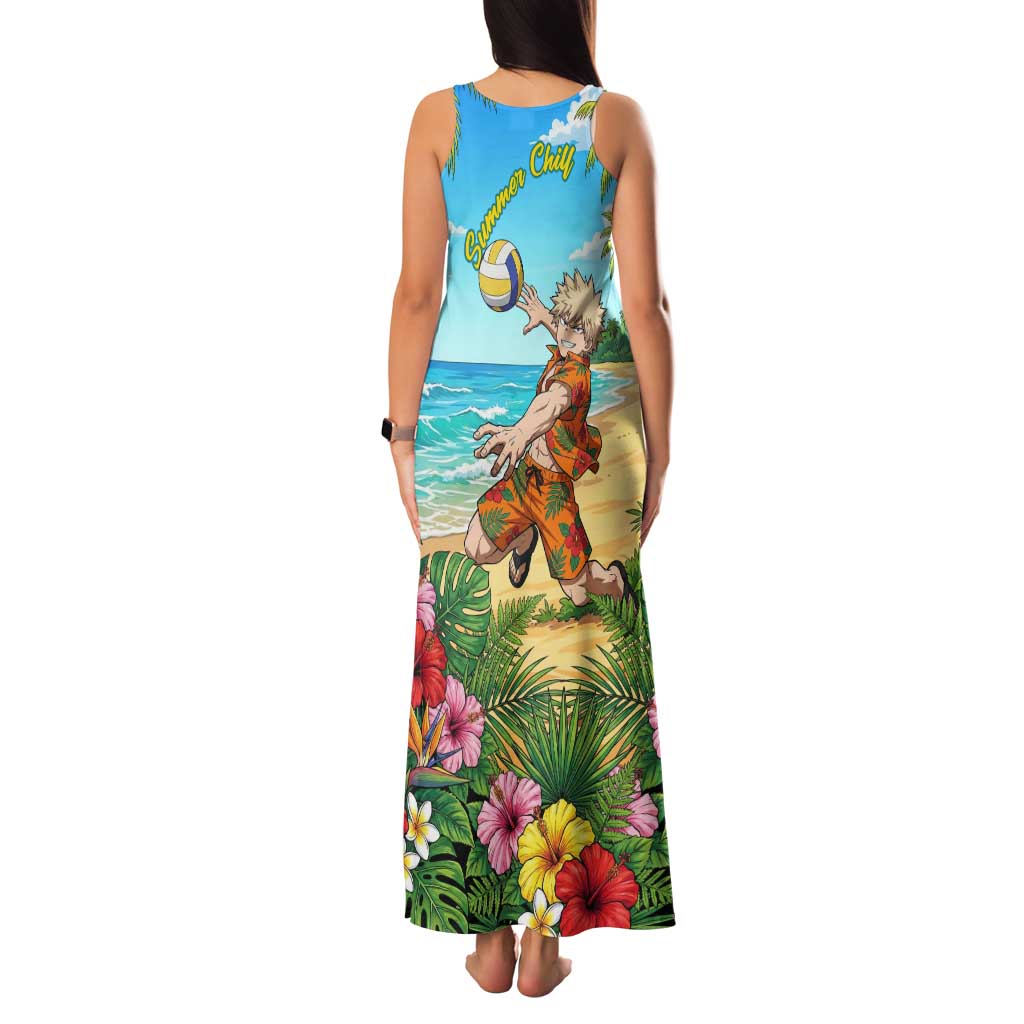 Katsuki Bakugo Summer Chill Family Matching Tank Maxi Dress and Hawaiian Shirt Tropical Anime Action Scene