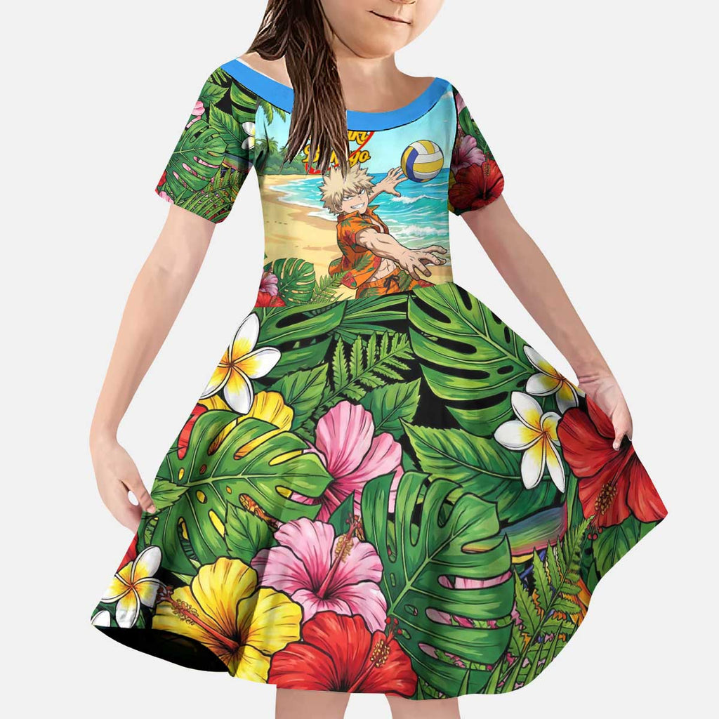 Katsuki Bakugo Summer Chill Kid Short Sleeve Dress Tropical Anime Action Scene