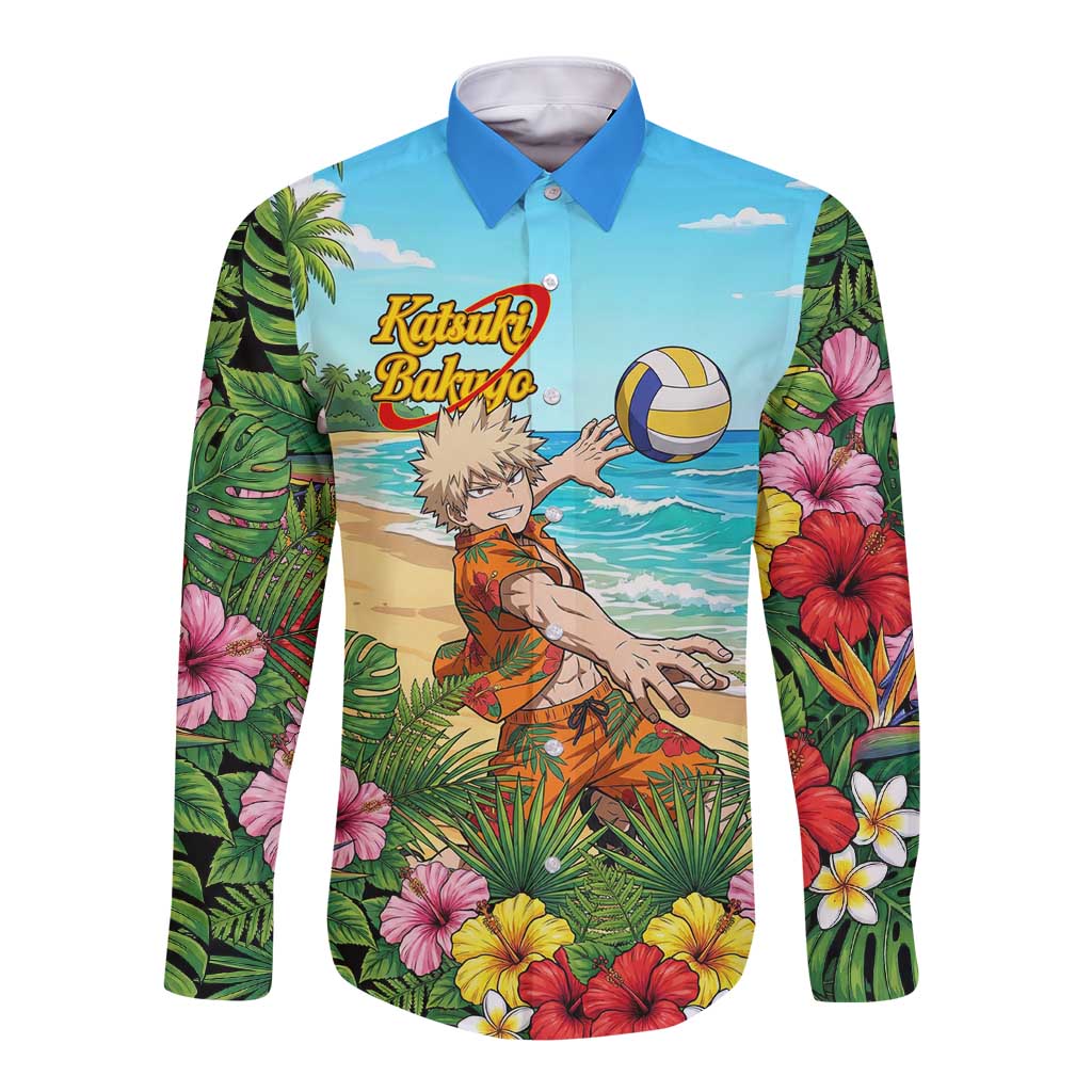 Katsuki Bakugo Summer Chill Long Sleeve Button Shirt Tropical Anime Action Scene