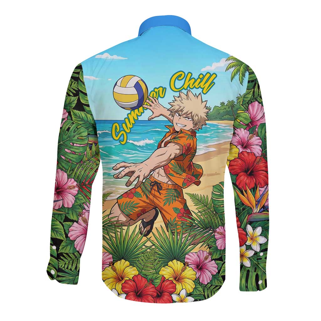 Katsuki Bakugo Summer Chill Long Sleeve Button Shirt Tropical Anime Action Scene