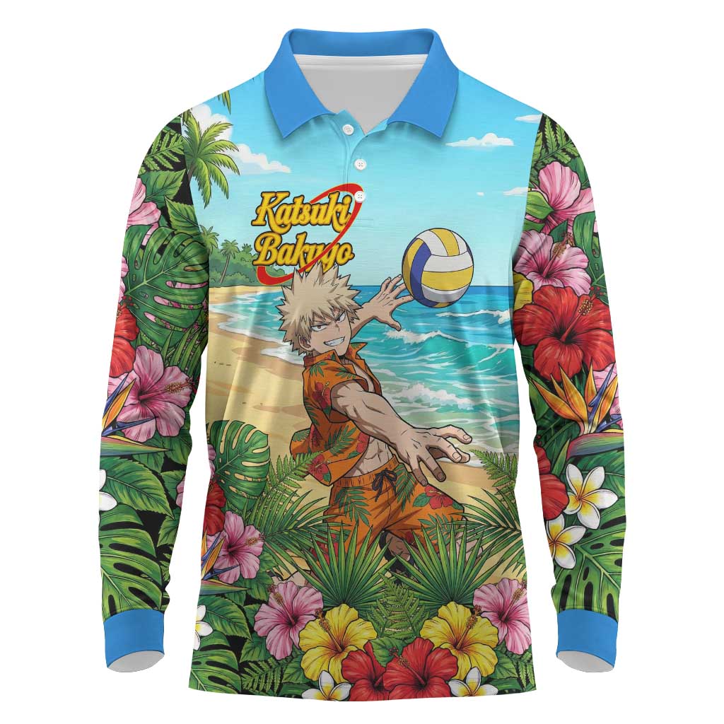 Katsuki Bakugo Summer Chill Long Sleeve Polo Shirt Tropical Anime Action Scene