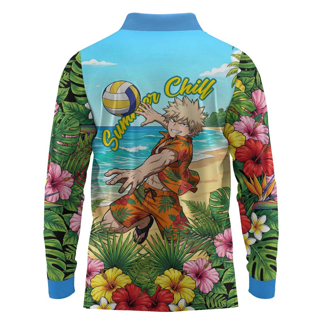 Katsuki Bakugo Summer Chill Long Sleeve Polo Shirt Tropical Anime Action Scene