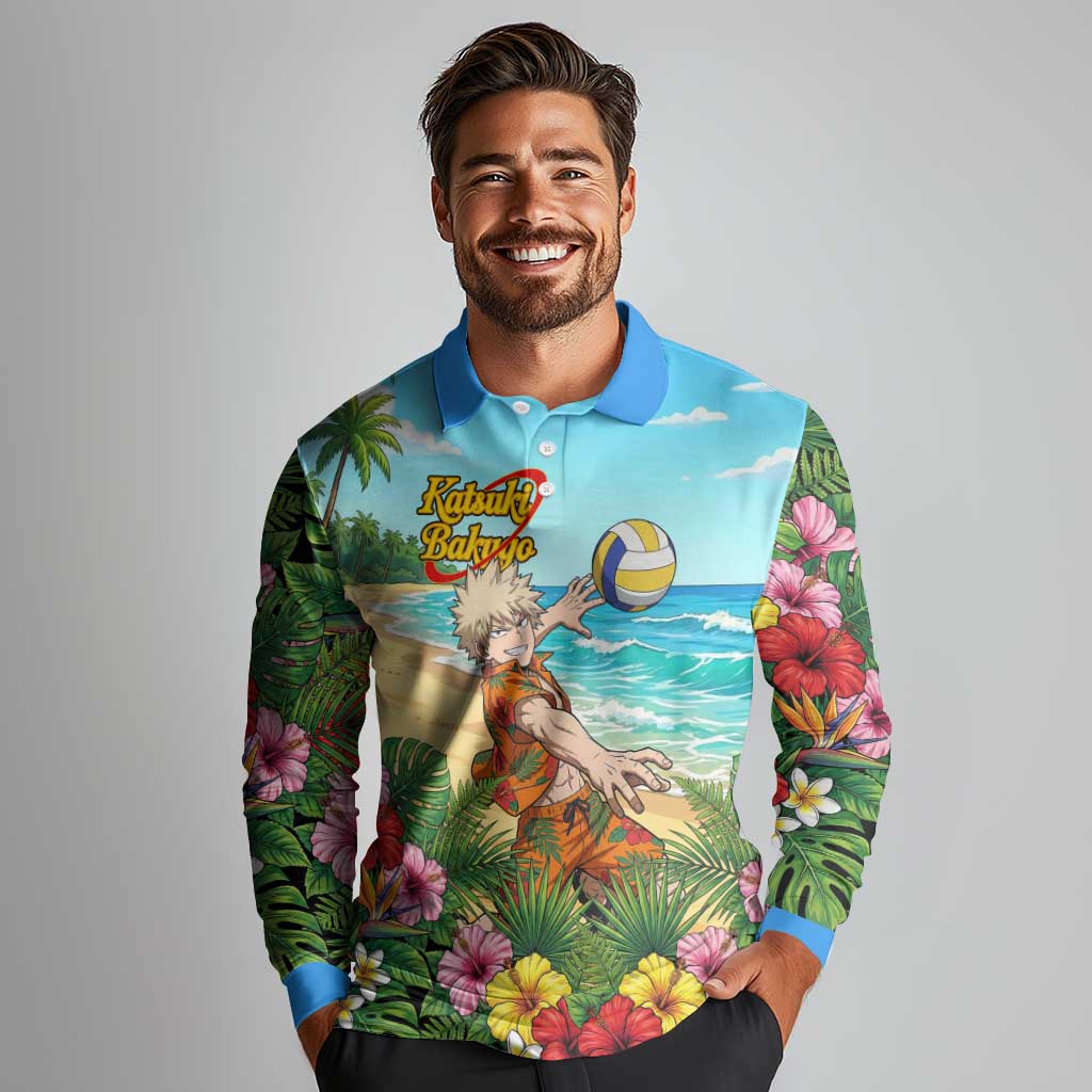 Katsuki Bakugo Summer Chill Long Sleeve Polo Shirt Tropical Anime Action Scene