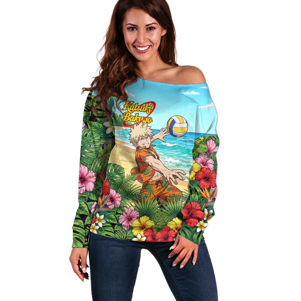 Katsuki Bakugo Summer Chill Off Shoulder Sweater Tropical Anime Action Scene