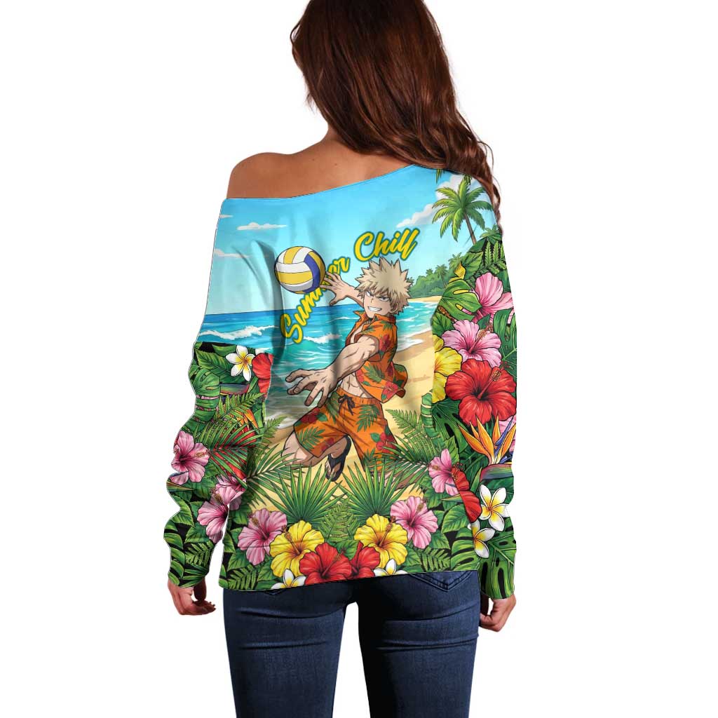 Katsuki Bakugo Summer Chill Off Shoulder Sweater Tropical Anime Action Scene