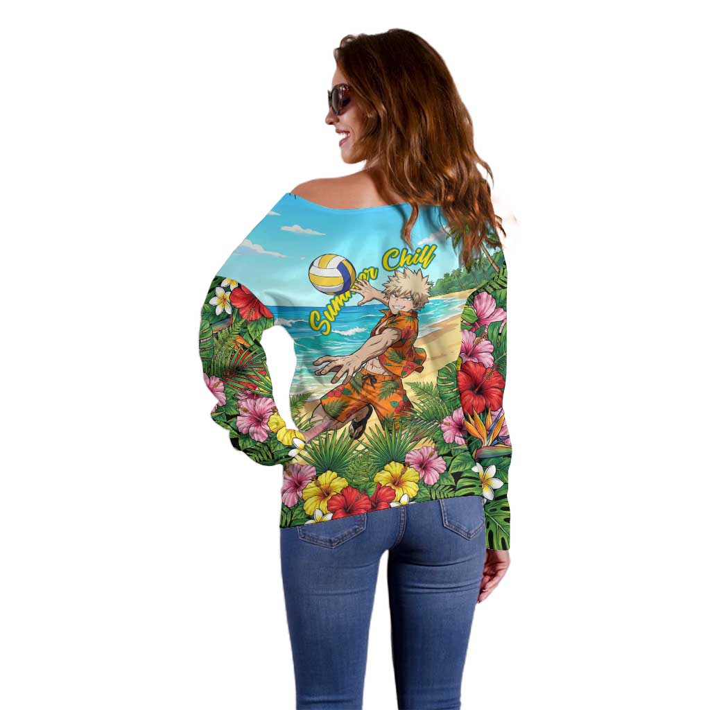 Katsuki Bakugo Summer Chill Off Shoulder Sweater Tropical Anime Action Scene