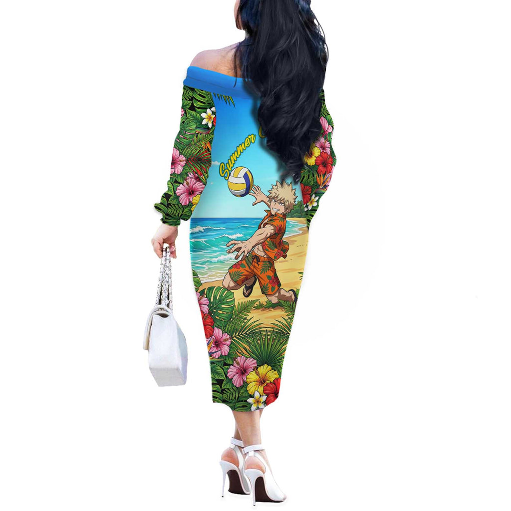 Katsuki Bakugo Summer Chill Off The Shoulder Long Sleeve Dress Tropical Anime Action Scene