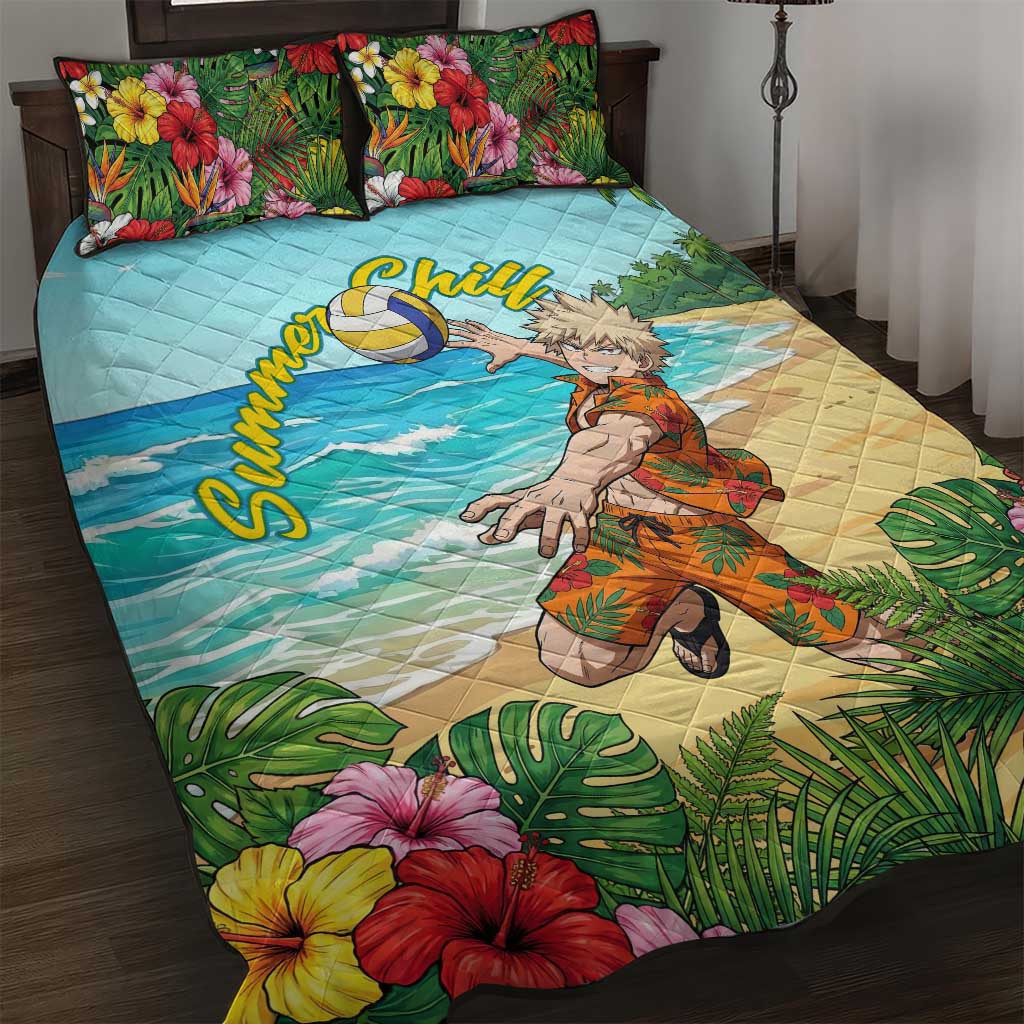 Katsuki Bakugo Summer Chill Quilt Bed Set Tropical Anime Action Scene