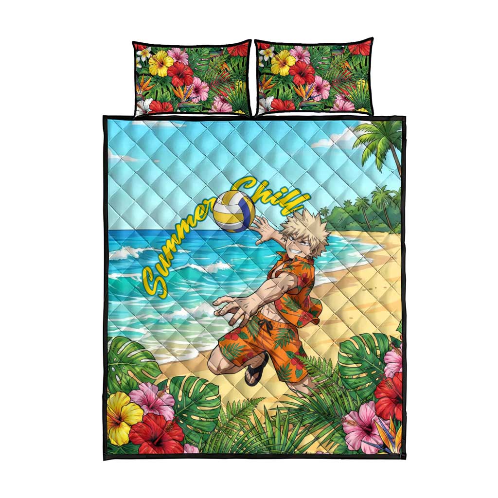 Katsuki Bakugo Summer Chill Quilt Bed Set Tropical Anime Action Scene