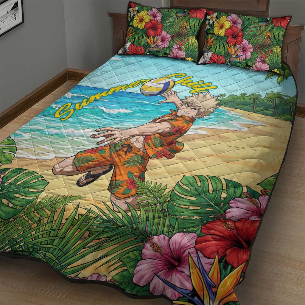 Katsuki Bakugo Summer Chill Quilt Bed Set Tropical Anime Action Scene