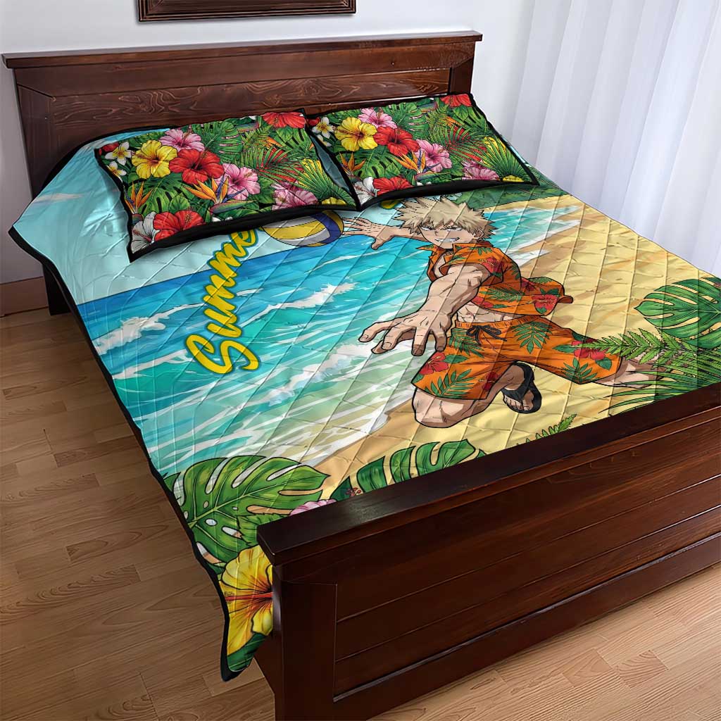 Katsuki Bakugo Summer Chill Quilt Bed Set Tropical Anime Action Scene