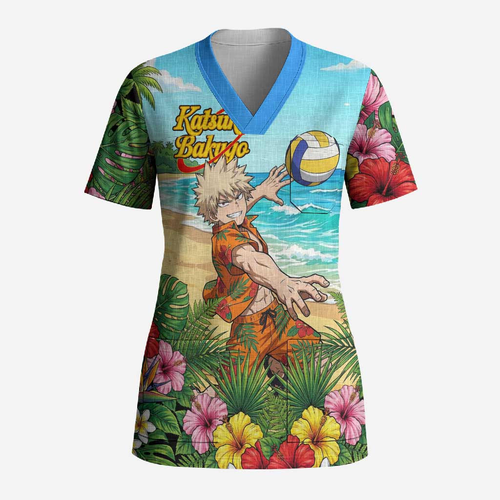 Katsuki Bakugo Summer Chill Scrub Top Tropical Anime Action Scene