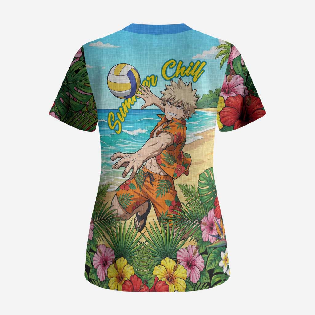 Katsuki Bakugo Summer Chill Scrub Top Tropical Anime Action Scene
