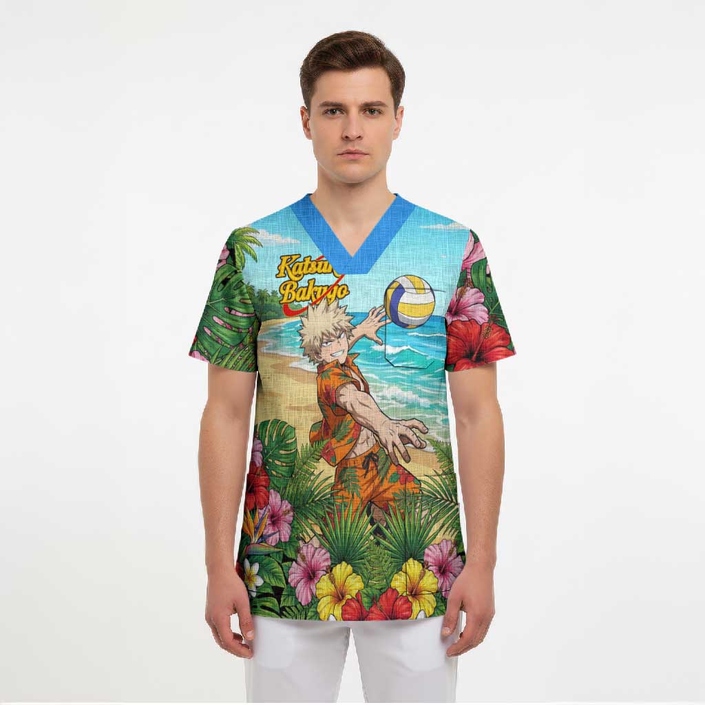 Katsuki Bakugo Summer Chill Scrub Top Tropical Anime Action Scene