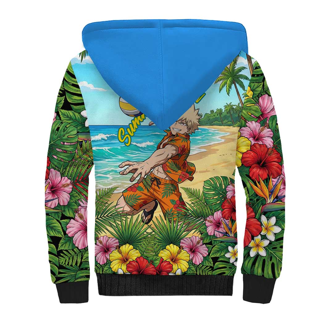 Katsuki Bakugo Summer Chill Sherpa Hoodie Tropical Anime Action Scene