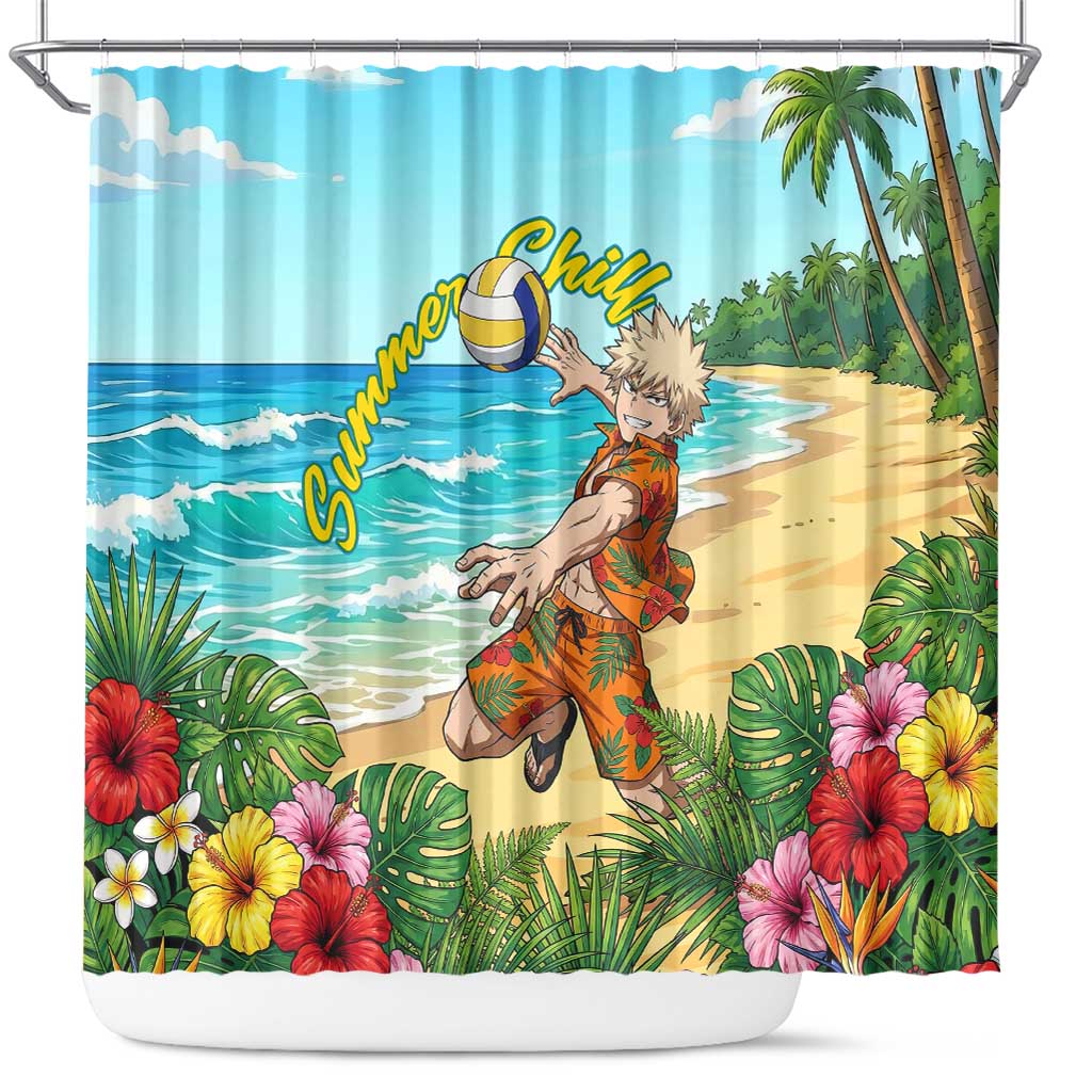 Katsuki Bakugo Summer Chill Shower Curtain Tropical Anime Action Scene