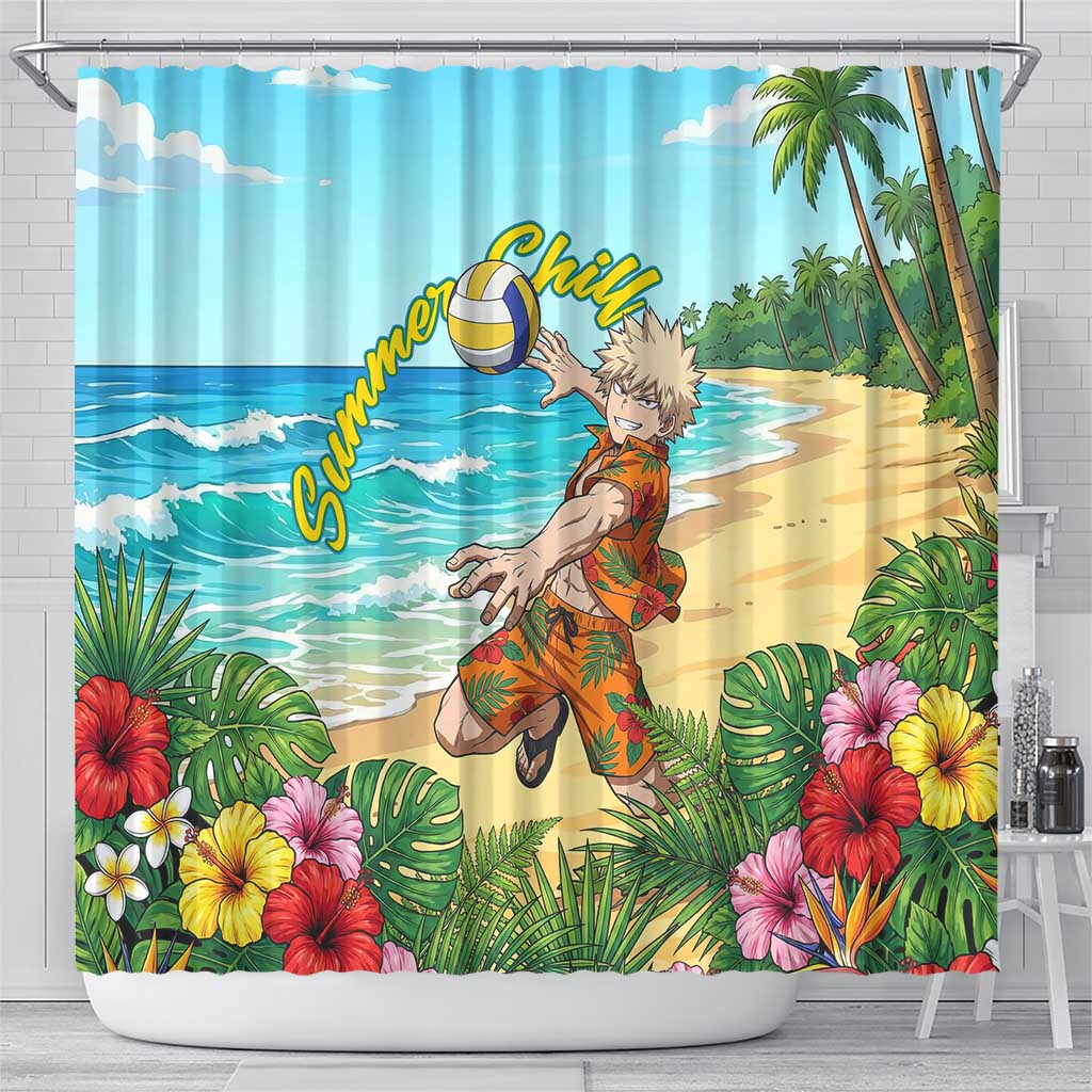 Katsuki Bakugo Summer Chill Shower Curtain Tropical Anime Action Scene
