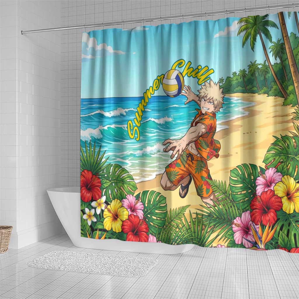 Katsuki Bakugo Summer Chill Shower Curtain Tropical Anime Action Scene