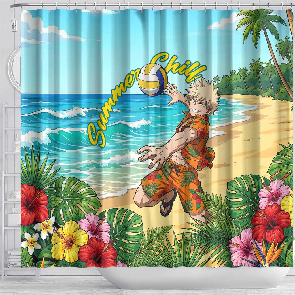 Katsuki Bakugo Summer Chill Shower Curtain Tropical Anime Action Scene