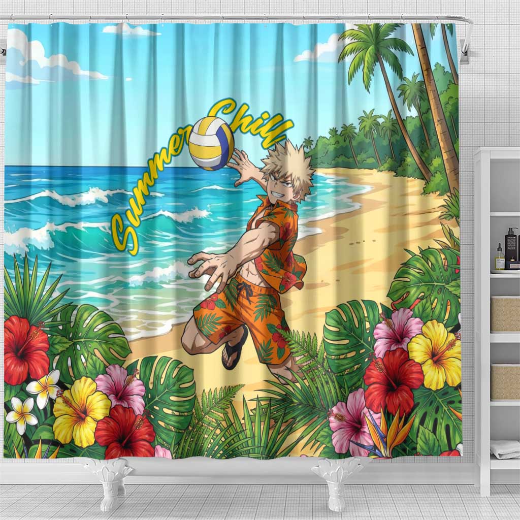 Katsuki Bakugo Summer Chill Shower Curtain Tropical Anime Action Scene