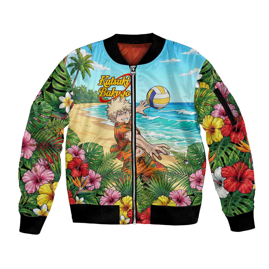 Katsuki Bakugo Summer Chill Sleeve Zip Bomber Jacket Tropical Anime Action Scene