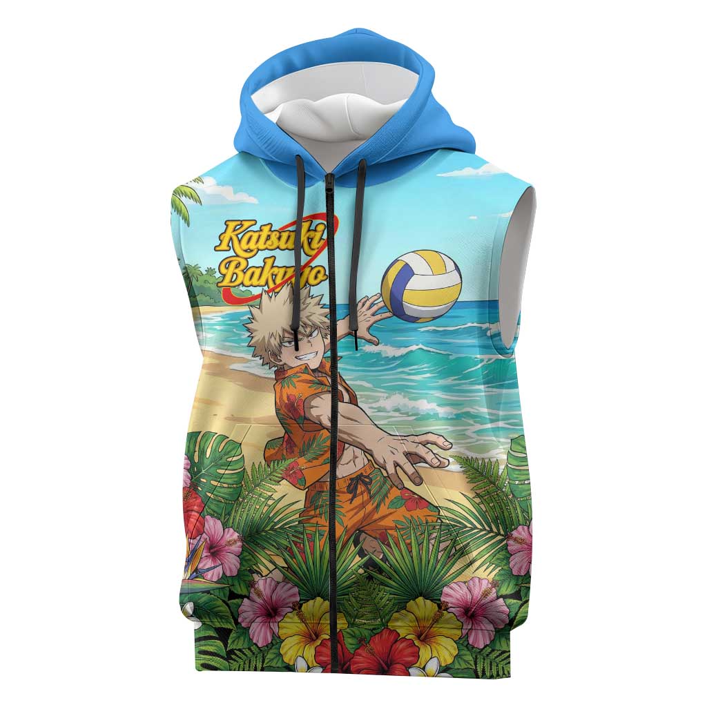 Katsuki Bakugo Summer Chill Sleeveless Zip Hoodie Tropical Anime Action Scene