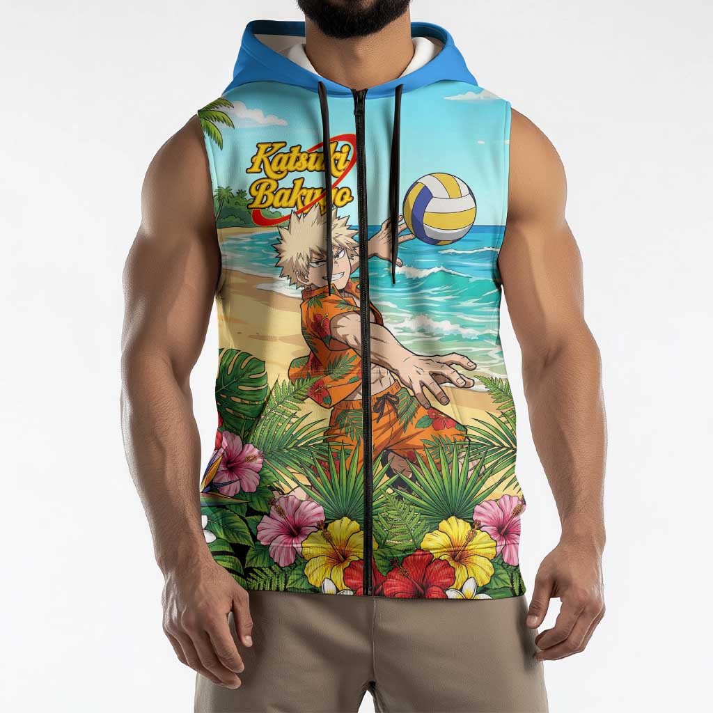 Katsuki Bakugo Summer Chill Sleeveless Zip Hoodie Tropical Anime Action Scene