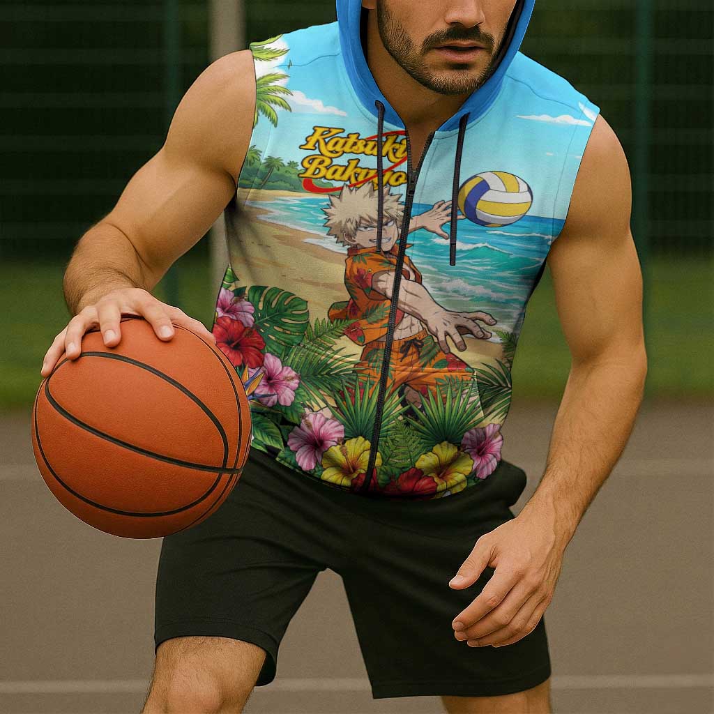 Katsuki Bakugo Summer Chill Sleeveless Zip Hoodie Tropical Anime Action Scene