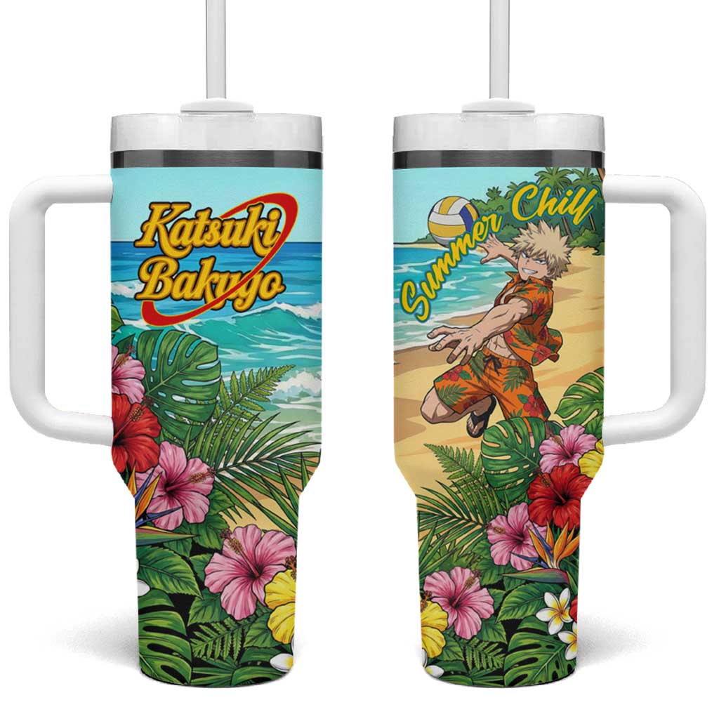 Katsuki Bakugo Summer Chill Tumbler With Handle Tropical Anime Action Scene