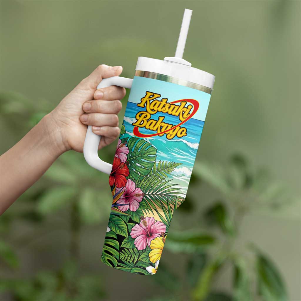 Katsuki Bakugo Summer Chill Tumbler With Handle Tropical Anime Action Scene
