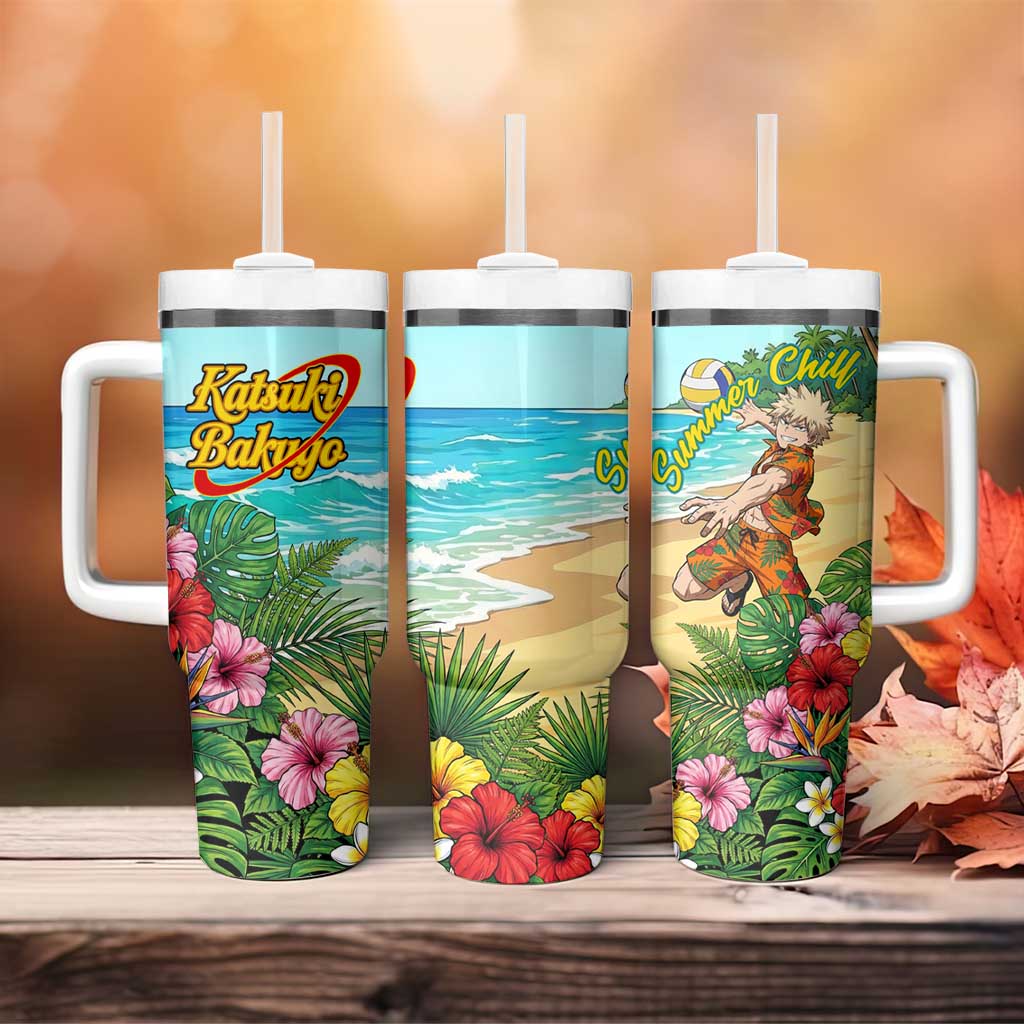 Katsuki Bakugo Summer Chill Tumbler With Handle Tropical Anime Action Scene