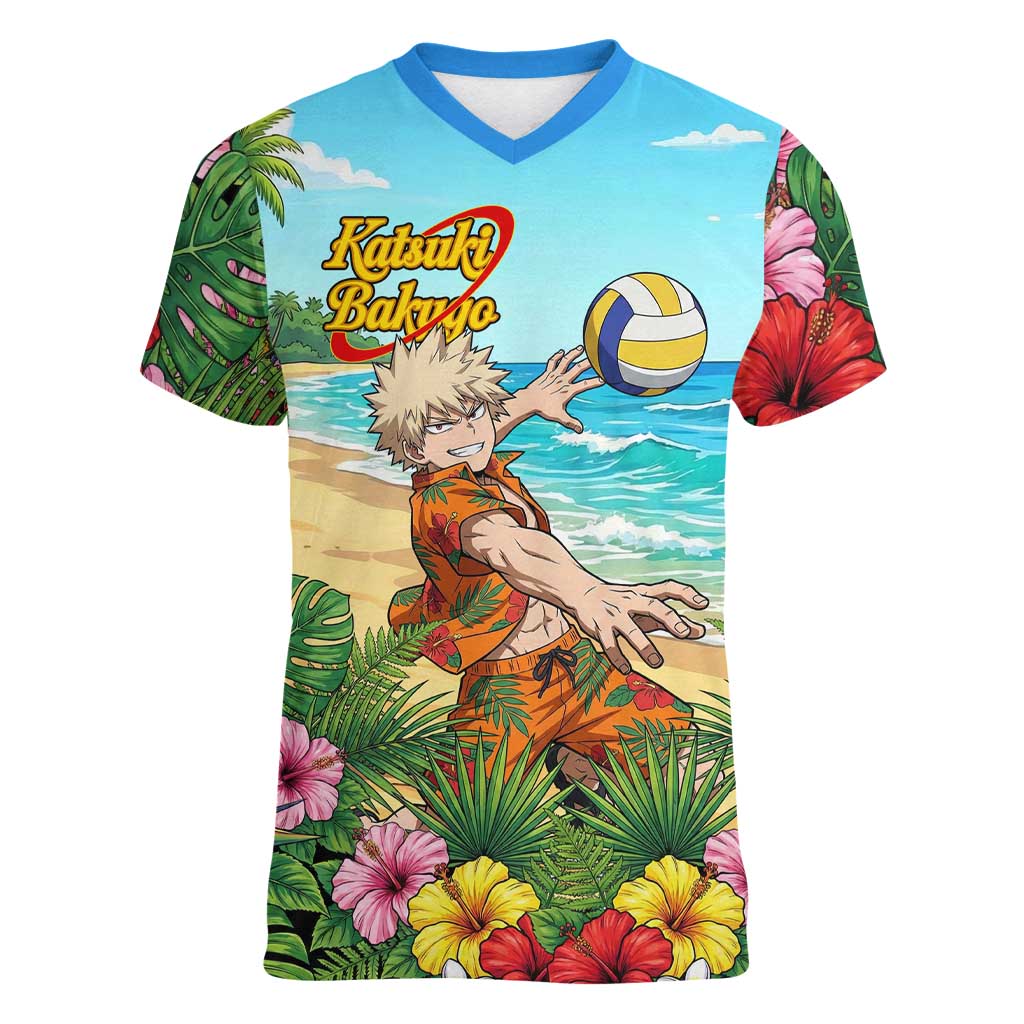 Katsuki Bakugo Summer Chill Women V-Neck T-Shirt Tropical Anime Action Scene