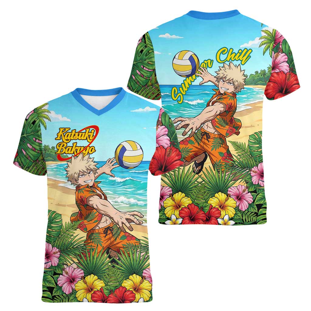 Katsuki Bakugo Summer Chill Women V-Neck T-Shirt Tropical Anime Action Scene