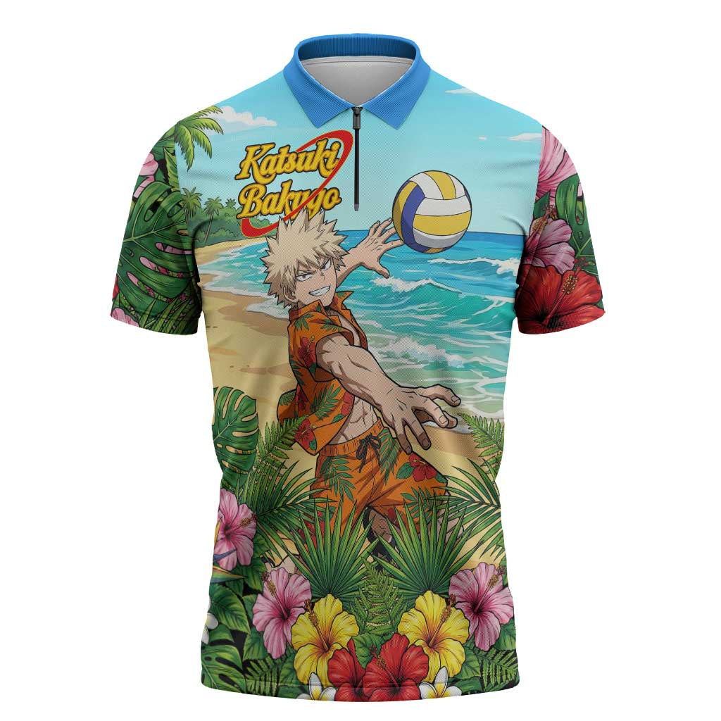 Katsuki Bakugo Summer Chill Zipper Polo Shirt Tropical Anime Action Scene