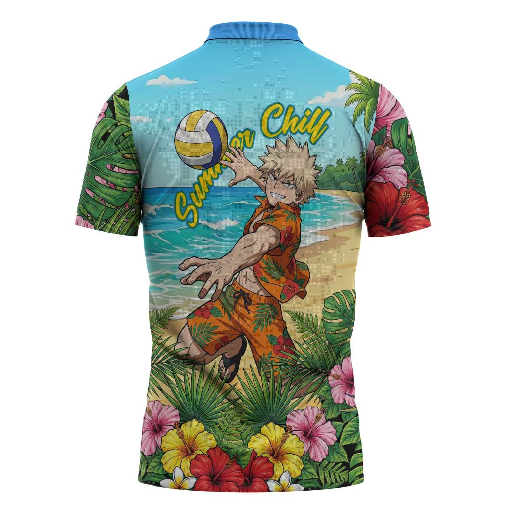 Katsuki Bakugo Summer Chill Zipper Polo Shirt Tropical Anime Action Scene