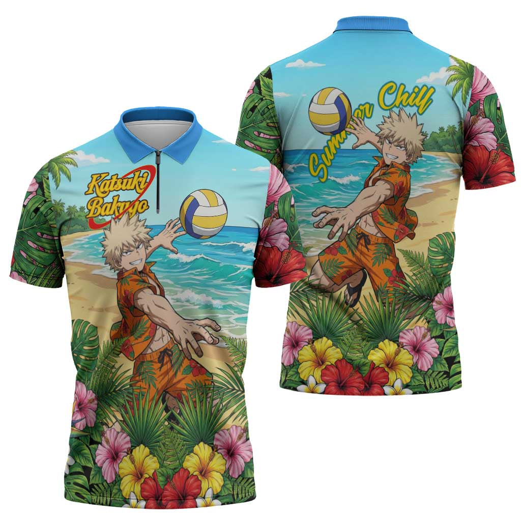 Katsuki Bakugo Summer Chill Zipper Polo Shirt Tropical Anime Action Scene