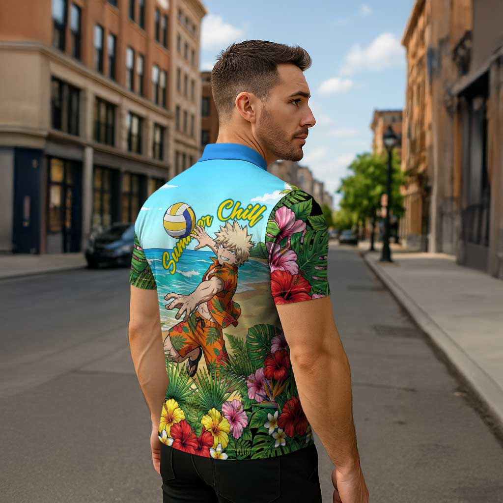 Katsuki Bakugo Summer Chill Zipper Polo Shirt Tropical Anime Action Scene
