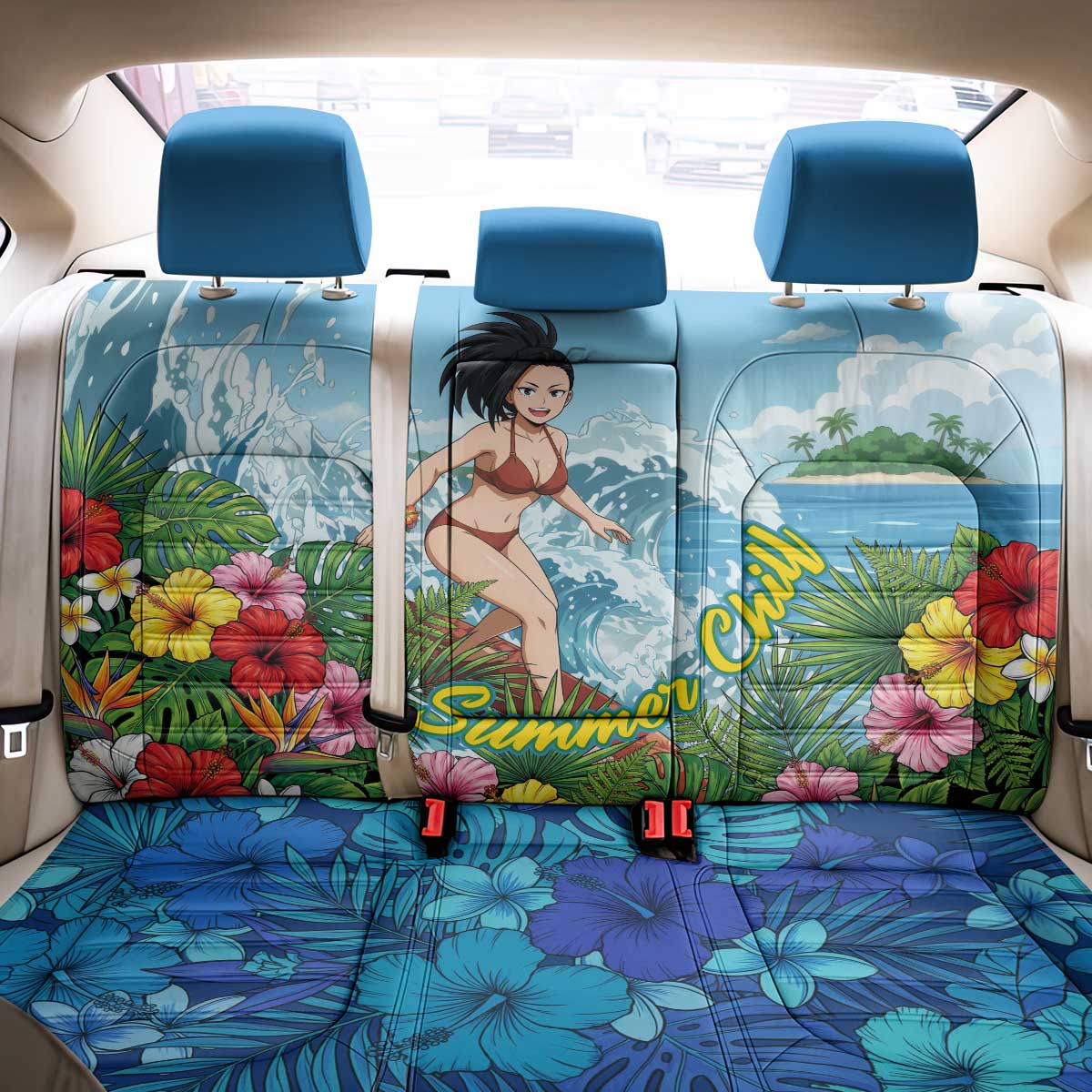 Momo Yaoyorozu Summer Chill Back Car Seat Cover Tropical Anime Surf Adventure