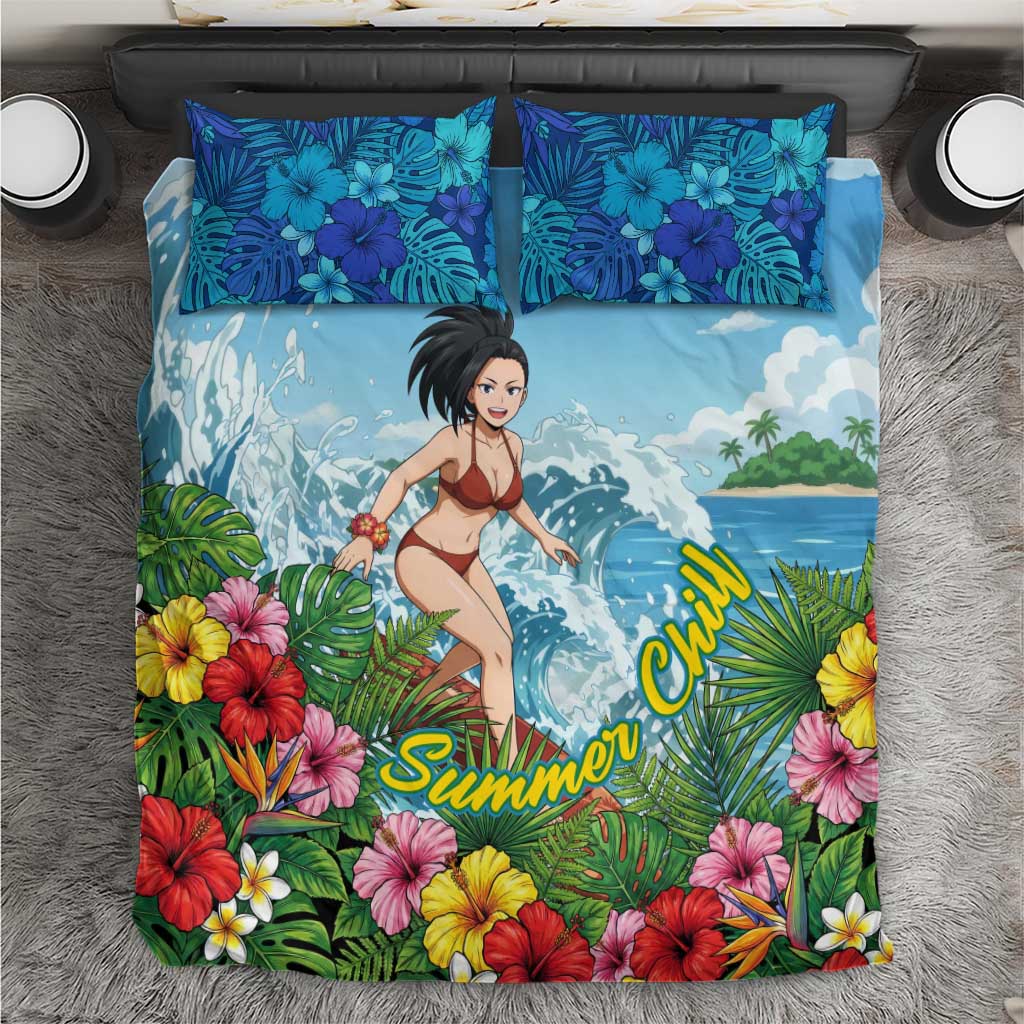 Momo Yaoyorozu Summer Chill Bedding Set Tropical Anime Surf Adventure